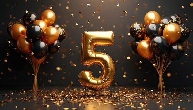 Golden number 5 balloon floats with black and gold bunches of balloons. Shiny confetti falls on dark surface. Festive background for special event like anniversary party.