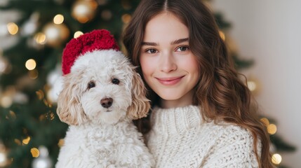 Young woman with long wavy brown hair wearing a cozy sweater, holding a fluffy dog with a festive red hat, in front of a beautifully decorated Christmas tree with warm lights
