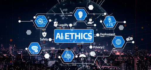 This digital illustration emphasizes key aspects of AI ethics, highlighting concepts of legality,...