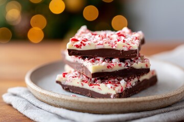 Close up of stacked peppermint bark squares on a rustic plate, showcasing layers of chocolate and crushed candy canes, perfect for festive holiday treats and celebrations