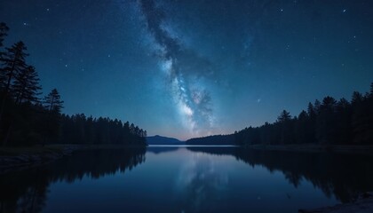 Fototapeta premium Starry night sky with Milky Way galaxy reflects in calm lake water. Pine tree forest silhouette on shore in deep darkness. Peaceful nature scenery with stars, constellations. Beautiful tranquil