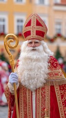 Saint Nicholas dressed in a vibrant red bishop's robe, adorned with intricate golden details, holding a staff, exuding a festive atmosphere during a holiday celebration