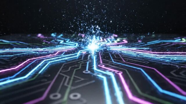 Abstract circuit board illustration with glowing lines and digital data flow in dark setting
