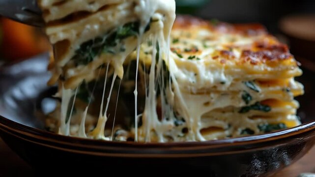 Delicious lasagna slice being lifted with cheese strings
