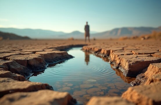 Desolate cracked earth with scant water pool, lone figure surveys arid landscape. Arid region suffers extreme water scarcity and dry conditions.