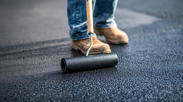 Person sealing asphalt with a roller tool. Repairing surface with sealant for long-term protection. Ensures a smooth, durable finish. Maintenance for longevity. #DIY