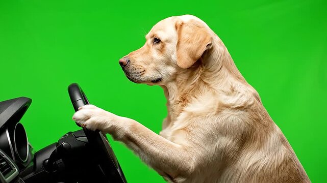 Side view of a golden Labrador retriever dog sitting behind the steering wheel of a car on a green screen, isolated with chroma key, real shot. A dog is driving a car / vehicle.
