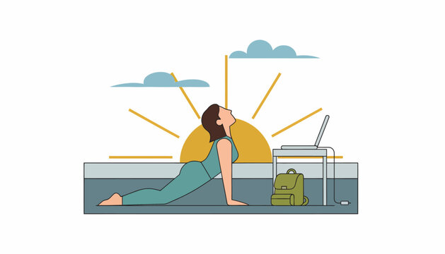 A digital nomad practicing yoga on a rooftop terrace at sunrise with a laptop nearby ready for the days tasks.