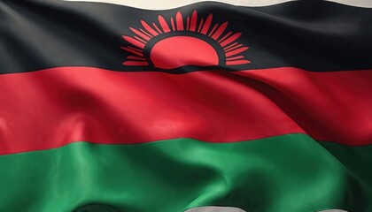 Obraz premium The Malawi flag waves in the wind. The black red and green stripes of the national flag are presented. The photo of the Malawian banner. Represents culture and identity.