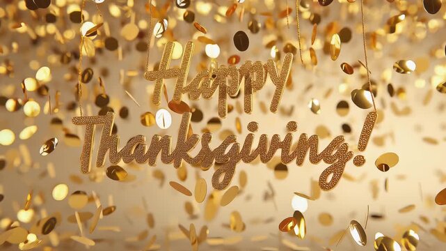 Golden confetti falls around a festive greeting, creating a celebratory atmosphere, camera zooms in on the message, enhancing the joyful scene