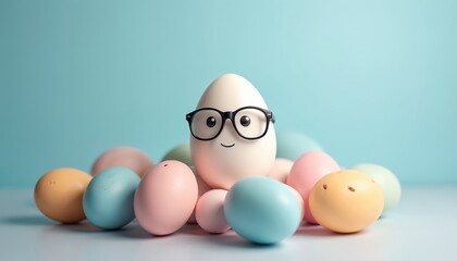 Smiling egg wears glasses in colorful pastel eggs. This fun, cute character is perfect for Easter themes, spring celebrations, or playful designs. Great for kids content, greeting cards, graphic art.