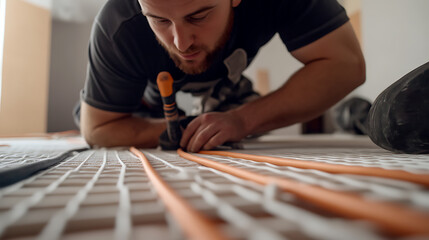 Focused worker installing underfloor heating system. Precision and expertise in every detail. Quality craftsmanship for efficient home heating solutions.