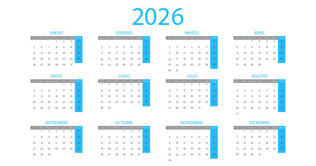 Spanish calendar 2026 year on background. Week starts on Monday. Vector illustration