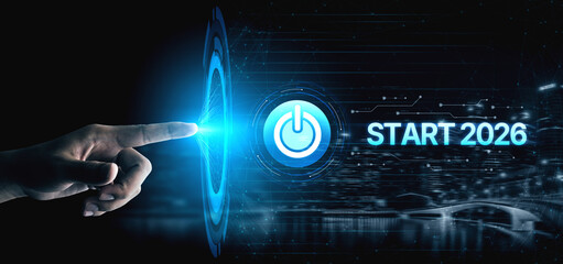 Start 2025 concept with futuristic power button symbolizing fresh beginnings, innovation, and digital transformation. Start 2025, new goals, and start 2025 initiative. Spline