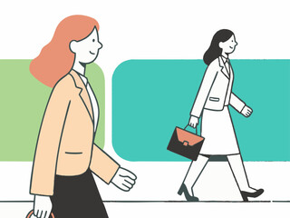 Simple illustration of a woman in a suit going to work. Business scene. Walking. Going out. Sales.