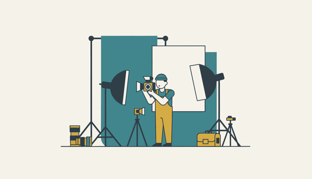 Cameraman operating a professional video camera under softbox lights on a studio set, filming against a backdrop for video production, streaming or cinematic content creation