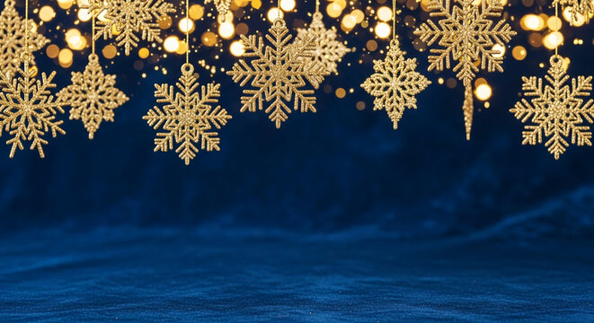Image of golden snowflake ornaments hanging against a dark blue background with bokeh lights, representing winter holiday, celebration, festive spirit