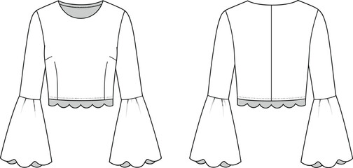 Fashion crop top CAD flat vector illustration with flared bell sleeve design
