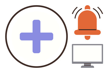 Medical cross, notification bell, and computer monitor conveying health care, online services, medical communication. Ideal for health, alerts, technology, digital tools healthcare management