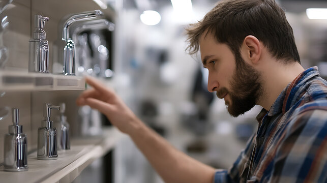 A man in a patterned shirt examines the array of faucets displayed on shelves, his finger pointing towards one, contemplating the purchase for a home renovation project.