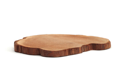 Wooden stump platform podium with light shadow on white background. Minimal empty display product presentation scene.
