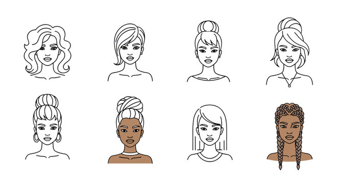 Collection of diverse female hairstyles illustrated in a minimalist line art style against a black background, showcasing various updos, braids, and loose curls, representing modern beauty and - Powered by Adobe