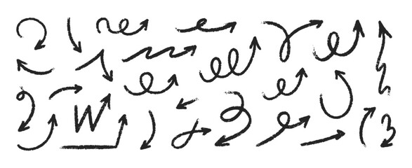 Hand drawn squiggly charcoal arrows set. Crayon scribble lines, swirls arrows, scrawls. Doodle black marker or chalk drawing. Direction pointers. Perfect for infographics, presentations, banners