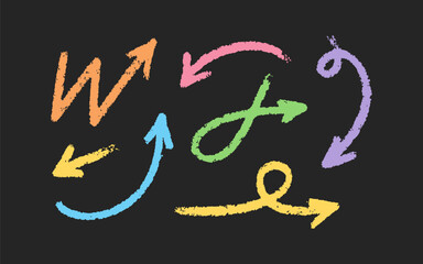 Hand drawn squiggly charcoal arrows vector set. Crayon color scribble lines, swirls arrows, scrawls. Doodle marker or chalk drawing on blackboard. Direction pointers. Perfect for infographics