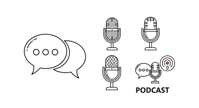 Set of minimalist line art icons representing podcasting and communication, featuring speech bubbles and vintage microphones, perfect for digital media, broadcasting, and online content creation