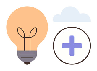 Lightbulb icon, blue cloud, and plus sign in circle symbolizing creativity, teamwork, growth, inspiration, innovation, problem-solving and cloud-based technology applications. A simple flat metaphor