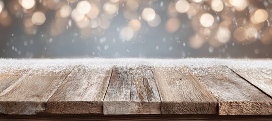 Rustic Wooden Planks with Snow and Bokeh Lights for Versatile Banner Design