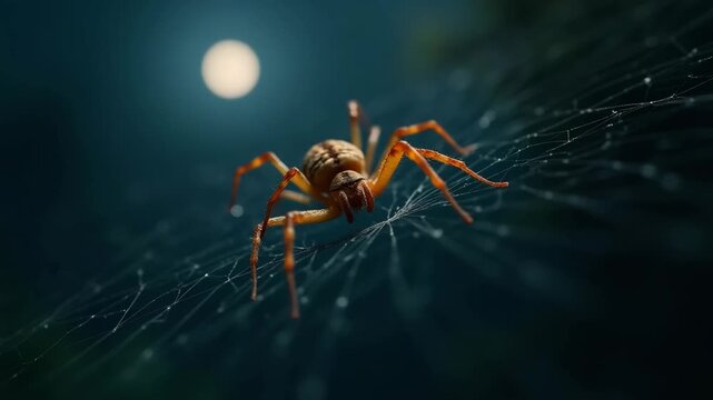 Spooky spider menacingly crawling on its web against a dark, moonlit background