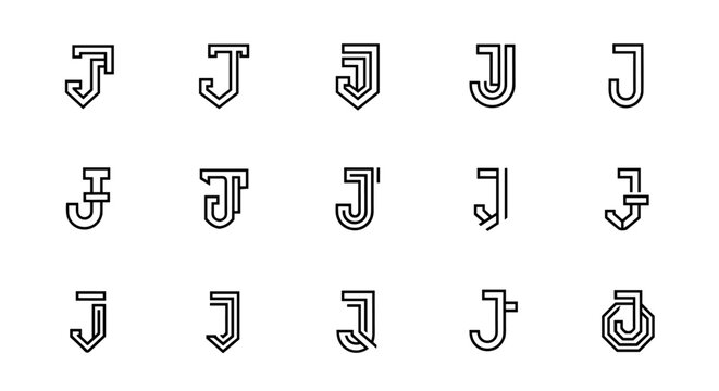 A collection of fifteen unique and stylized letter 'J' designs, presented in a white outline on a black background, showcasing a variety of artistic interpretations and graphic styles for versatile