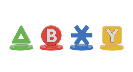 A trio of colorful, three-dimensional geometric shapes, including a green triangle, a red circle with the letter B, a blue asterisk, and a yellow square with the letter Y, are presented against a