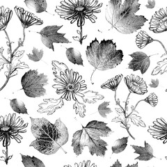 Seamless Pattern with Chrysanthemum and Leaves