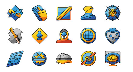 Collection of 15 unique, stylized icons representing abstract concepts, symbols, and objects, featuring vibrant colors and a clean, modern design suitable for digital interfaces, games, or graphic