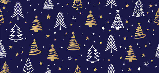 Christmas gold and white tree, pattern on blue background, Hand drawn illustrations.	
