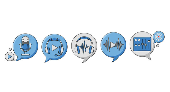 Collection of podcasting and audio recording icons presented in speech bubbles, featuring a microphone, headphones with a mic, waveform, play button, audio mixer, and a podcast logo, symbolizing