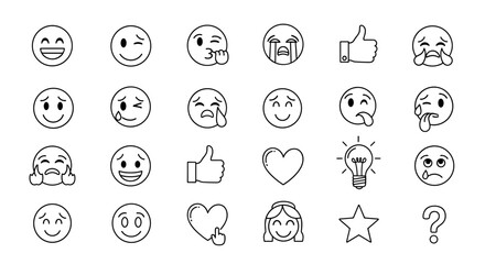 Collection of Hand-Drawn Outline Emoji Icons Representing a Wide Range of Emotions and Symbols, Perfect for Digital Communication and Graphic Design Projects, Including Happy, Sad, Winking, Kissing