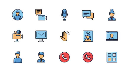 Collection of flat design icons representing online communication and video conferencing, including user profiles, chat bubbles, microphones, cameras, screens, and call buttons, perfect for digital