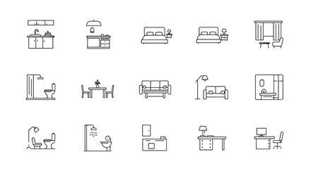 Collection of minimalist line art icons representing various household furniture and interior design elements, including kitchen units, beds, sofas, dining tables, toilets, showers, and office desks