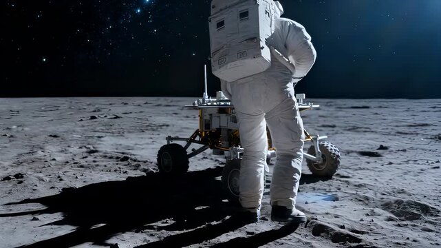 Astronaut in white spacesuit kneels on lunar surface, collecting rock sample with blue-glowing tool. Rover positioned nearby against starry background. Detailed moon terrain with craters and rocks.