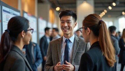 Three young professionals network at a career fair discussing job opportunities. People talk near display boards seeking future employment in business or tech.