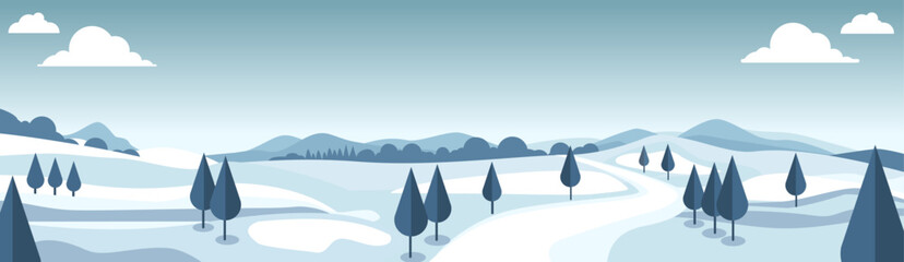 Snowy Hills with Winding Path – Minimalist Winter Landscape Illustration