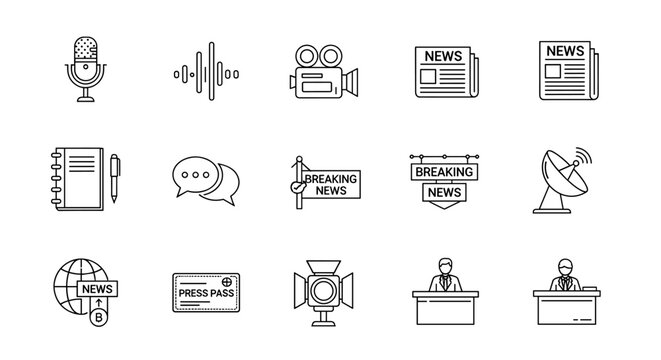 Journalism line icon set featuring editable stroke icons for journalists, reporters, news, microphones, podcasts, interviews, media interface elements, newsroom communication tools, and broadcast