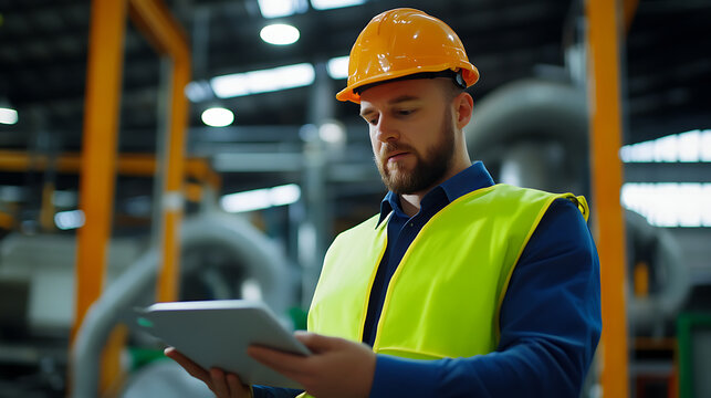 Factory supervisor wearing a hardhat and safety vest reviews data on a tablet. Focused expression. Bright, professional industrial setting with blurred machinery.
