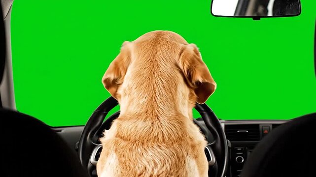 Golden Labrador retriever dog sitting behind the steering wheel of a car facing backward to the camera on a green screen, isolated with chroma key, real shot. A dog is driving a car / vehicle.