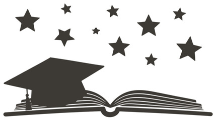 Graduation cap and open book with scattered stars symbolizing achievement and knowledge