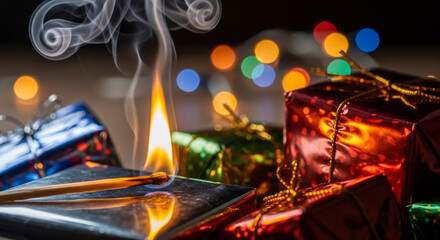 Burning wooden matchstick with smoke on a surface with Christmas gifts and bokeh lights. Fire safety concept for holiday season.