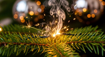 Short circuit on a Christmas tree light string creating sparks and smoke. Electrical danger and fire safety during holiday concept.